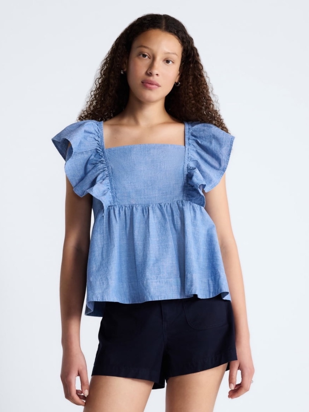 Free Assembly| Blue Ruffle Sleeve Square-Neck Top